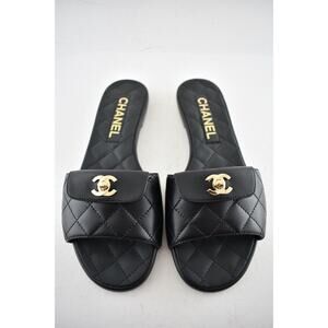 Chanel REV Black Turnlock Quilted Gold CC Logo Mules Slide Sandal Flop Flat 36.5